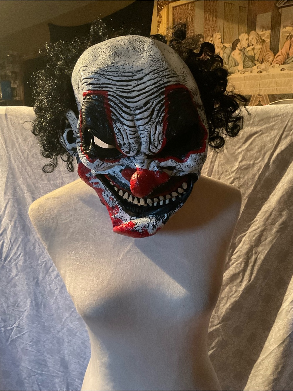Scary Creepy Clown Halloween Mask in White, Black & Red